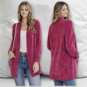 LOFT Cozy Open-Front Chenille Cardigan Sweater - Cran/Raspberry Wine - Medium